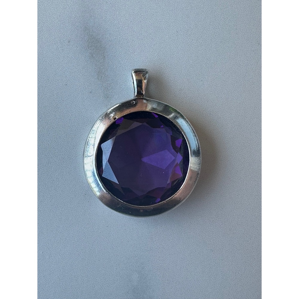 925 Sterling Silver Large Round Purple Amethyst Faceted Stone Solitaire Pendant